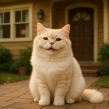 Gato recién cepillado y feliz, con fondo de una casa