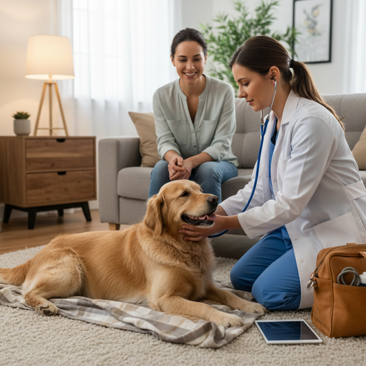 medico veterinario en casa con un perro 